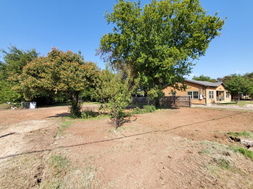 A lot after a demolition project cleared the land but left up from of the old vegetation and trees