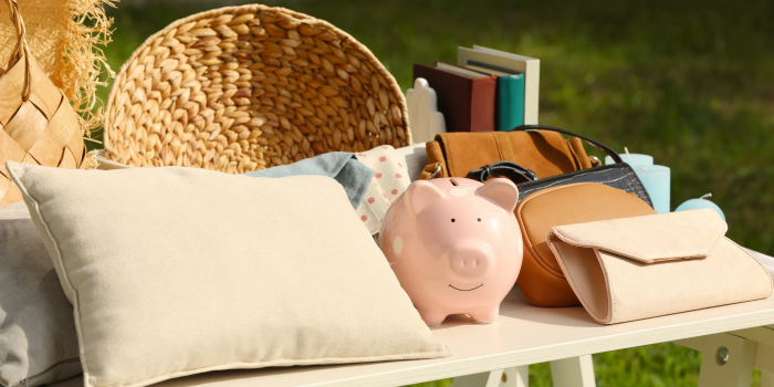 A table of rummage sale items on a table outside in a yard includes a piggy bank and basket and other items. 